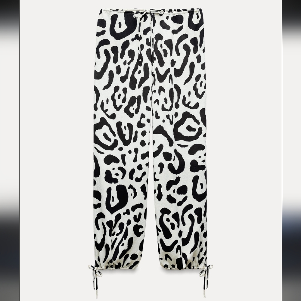 Zara Printed Flowy Tie Bottom Trousers Size S NWOT